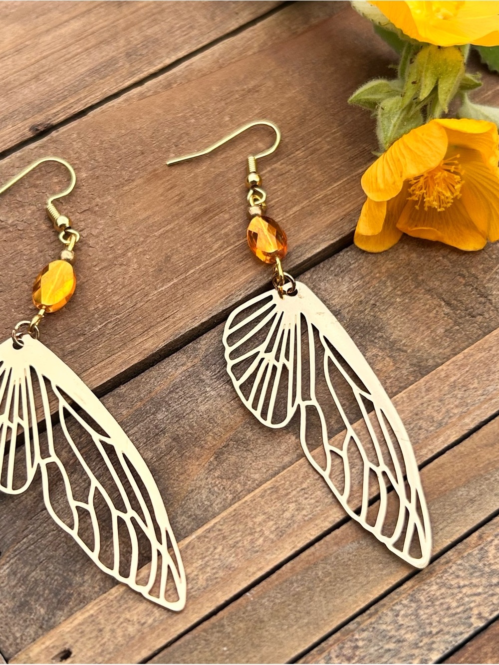 Gold Wing Filigree Drop Earrings with Amber Beads - Women Jewelry
